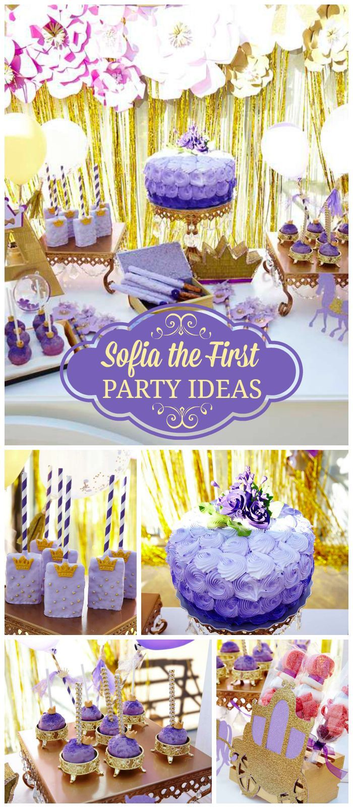 A purple and gold Sofia the First girl birthday party with big paper flowers and a sweet cart with royal treats! See more party