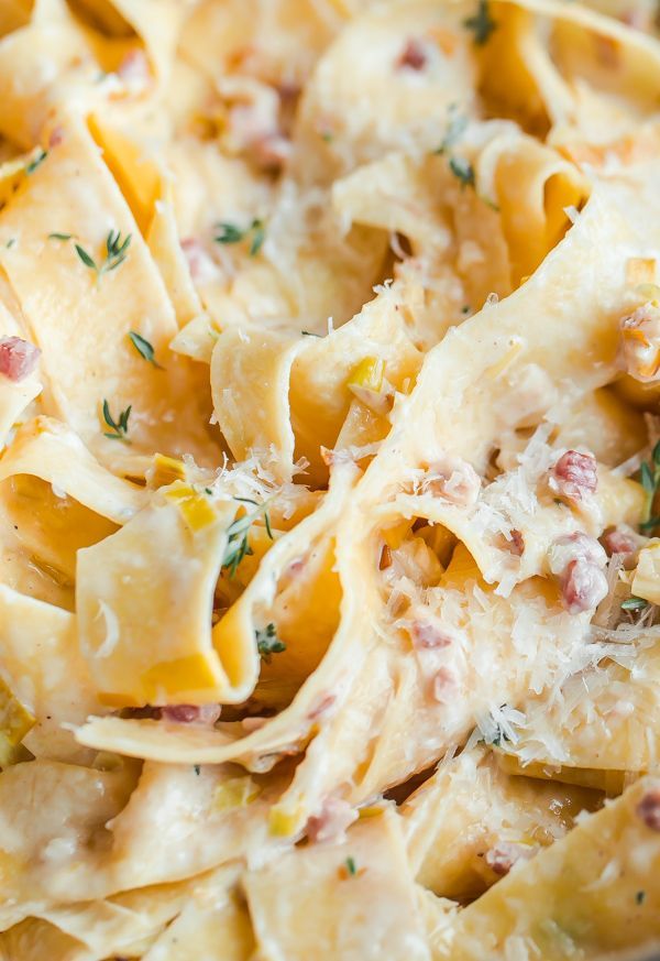 An easy recipe for rich and creamy leek and pancetta pappardelle pasta! This recipe is always a hit!