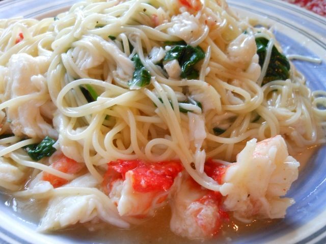 Angel Hair Pasta with Crab and Spinach. I actually would do this with shrimp. The imitation crab I got just didn’t cut it. But