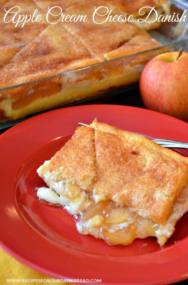Apple Cream Cheese Danish  – This danish is made with Pillsbury Crescent rolls, cream cheese, and apple pie filling.