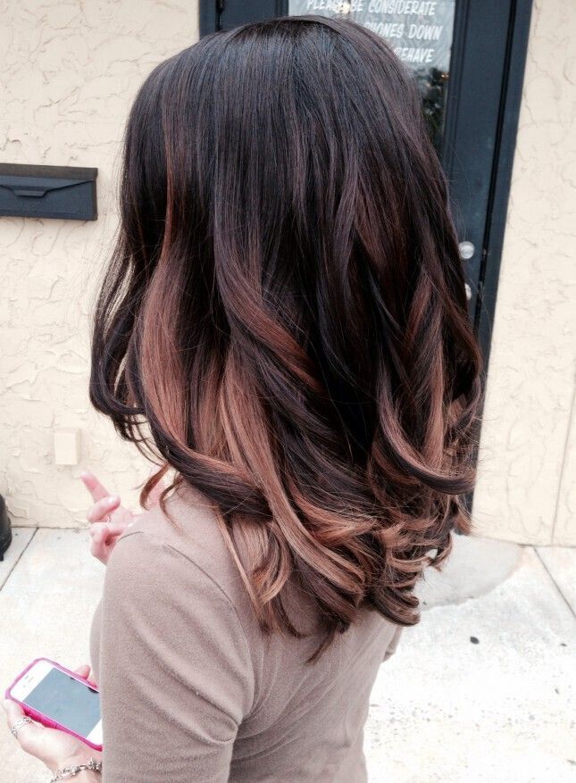 Black Hair with Rose Gold Highlights Hairstyles: Ombre Long Hair