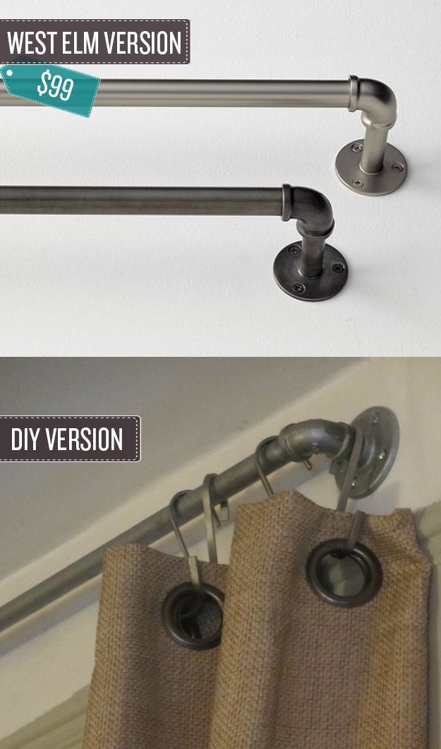 Build some industrial pipe curtain rods. | 24 West Elm Hacks. “The West Elm rods are meant to look like industrial piping, so why