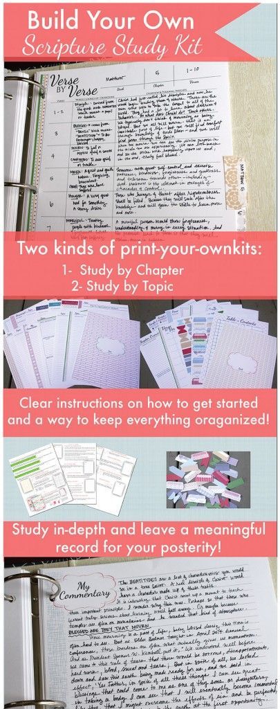 Build your own scripture study kit! There are two kind – study by chapter or study by topic! And you can just print them!