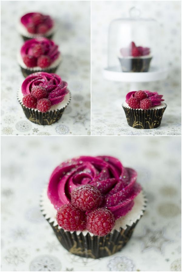 Champagne and Raspberry cupcakes-I like this idea that you could indicate the flavor of cupcakes by the color of the icing and