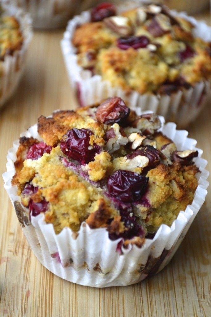 Cranberry, Orange & Pecan Muffins – almond flour, coconut flour, baking soda, eggs, orange zest, vanilla, orange juice, honey (sub