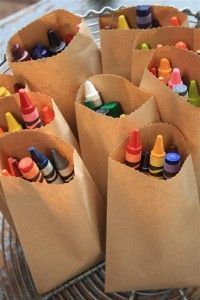 crayons in kraft bags // simple + cute idea for a kid’s party