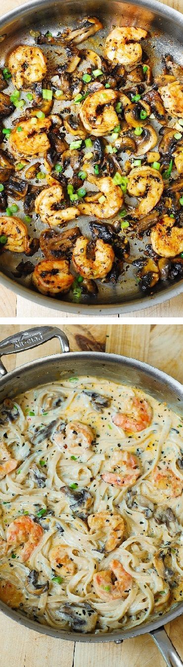 Creamy shrimp and mushroom pasta in a delicious homemade alfredo sauce.