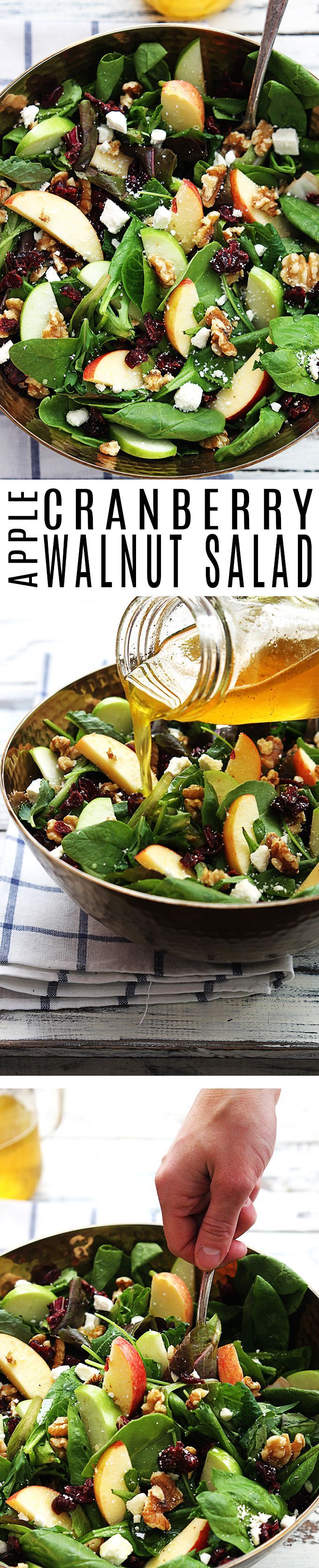 Crisp apples, dried cranberries, feta cheese, and hearty walnuts come together in a fresh Autumn salad.