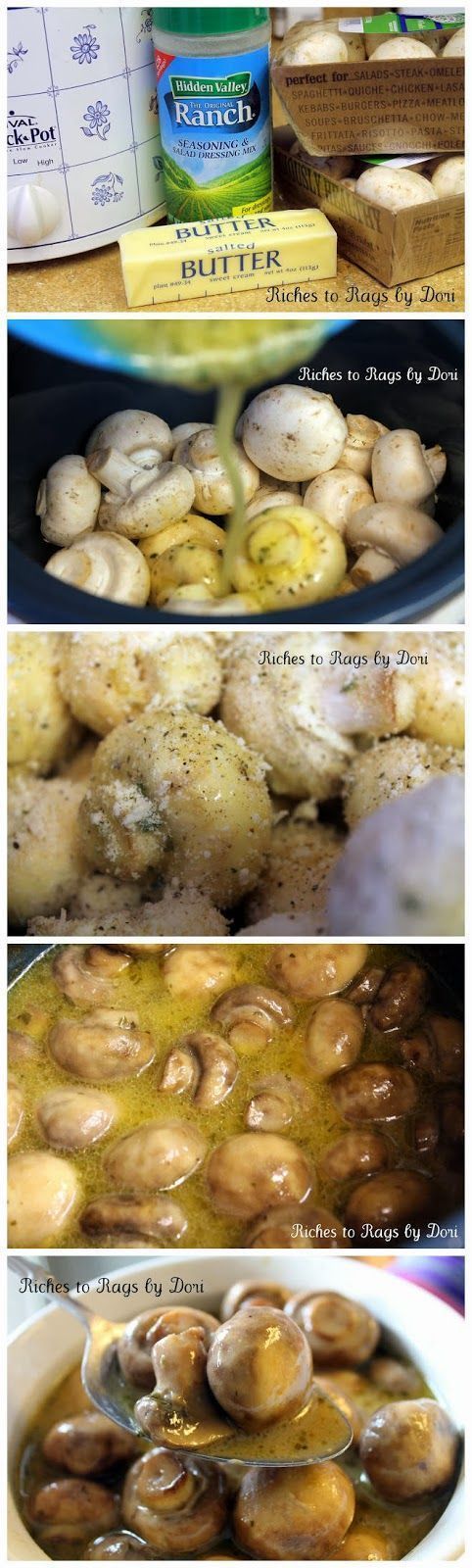 Crockpot Parmesan Ranch Mushrooms | Excellent appetizer for potlucks or steak topper…hint: cook on HIGH for 6 hours! (linked to