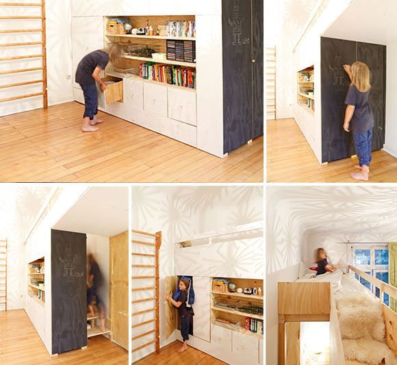 custom built-in loft bed for kids with secret passages, trap doors, and hideaways