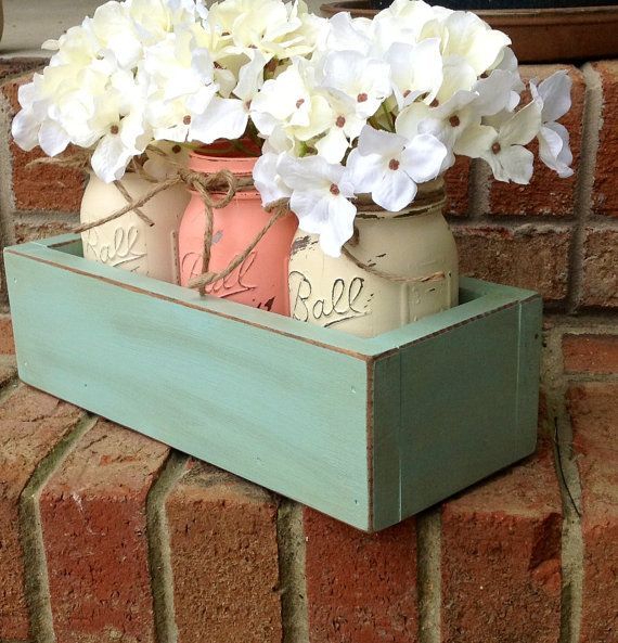 Custom Made Rustic Planter Box with 3 Painted Mason Jars. Rustic Home Decor. Housewears. Wedding Decor. Rustic Wedding Decor. Home
