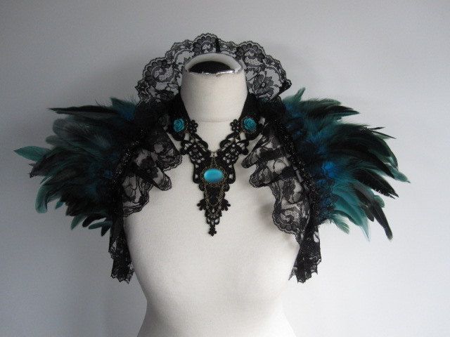 Feather Lace Stole Wrap Shrug Capelet Collar Turquoise Cyan Gothic Burlesque Bohemian. $64.00, via Etsy.
