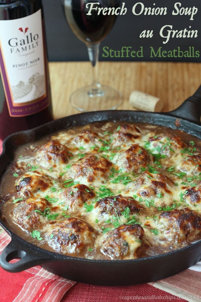 French Onion Soup au Gratin Stuffed Meatballs – caramelized onions and gooey cheese stuffed into meatballs for a true “man meal” |