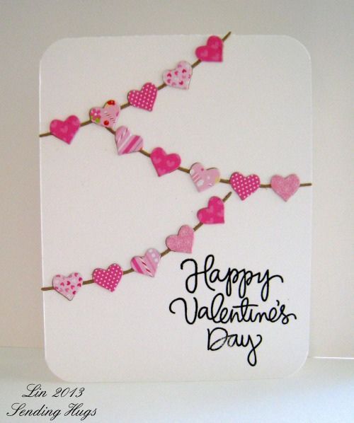 handmade Valentine card: Happy Valentine’s Day by quilterlin … strings of hearts cut from tiny print papers … clean and simple