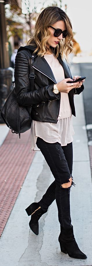 Hooded Leather Moto Jacket with Nude Silk Hem Sweater and Distressed Black Skinny Jeans, Black Suede Booties