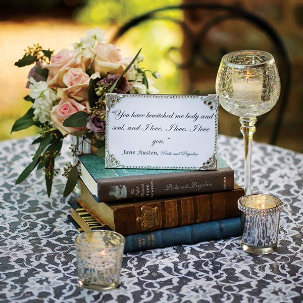 “Love story” using old books centerpiece for a wedding. Use quotes or include how the couple met, when, where. Great conversation