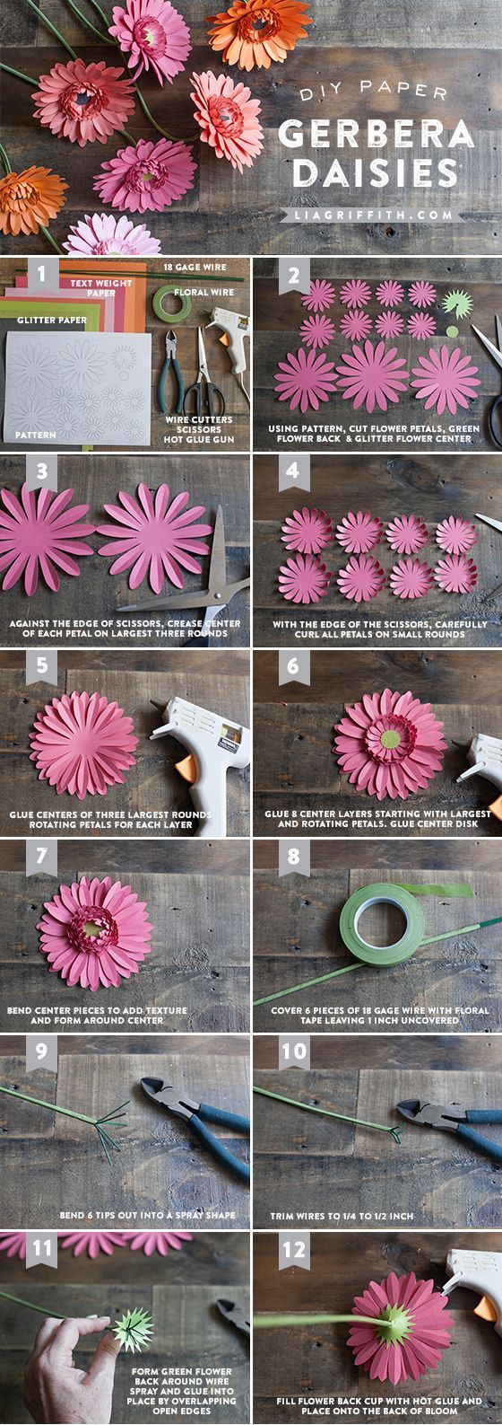 Make these gorgeous paper Gerbera daisies with this easy tutorial @LiaGriffith.com
