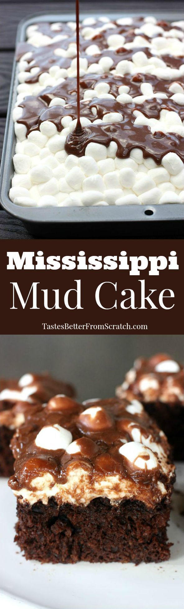 Mississippi Mud Cake–homemade chocolate cake with marshmallows and warm chocolate frosting poured on top! BEST CAKE EVER!