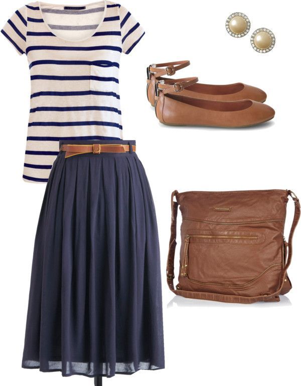 Modest Navy Striped Outfit  ~Oh! This is perfect for the summer! That skirts material is purrfect…