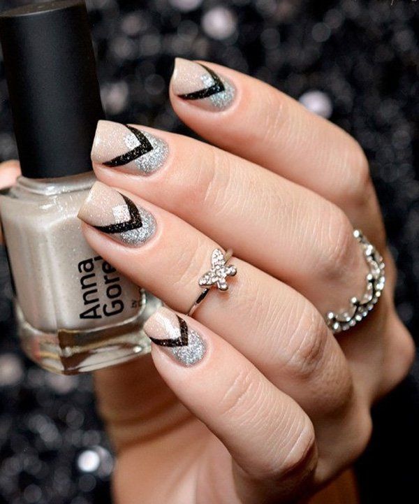 Nude, black and silver winter nail art design. A perfect combination with the use of glitter silver polish which makes the frost