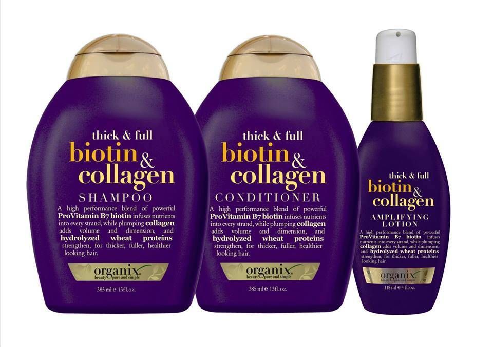 Organix thick & full biotin & collagen. I just bought all 3 of these the other day. You can buy them at Walmart. The shampoo and