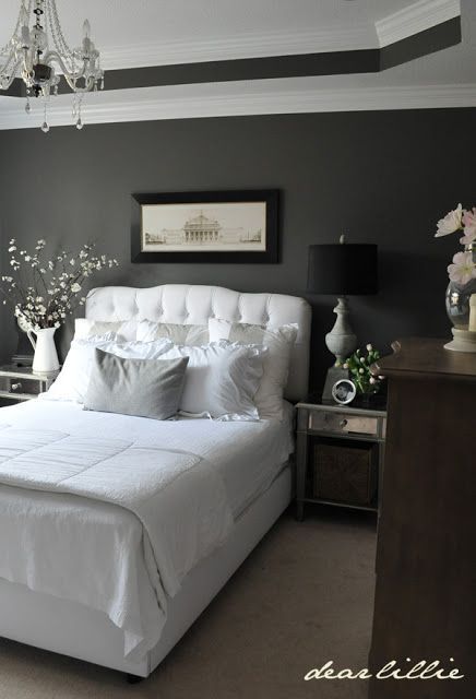 OUR BEDROOM INSPIRATION –  Walls- Benjamin Moore = Kendall Charcoal! I ♥ the charcoal color on the walls with the white linens!