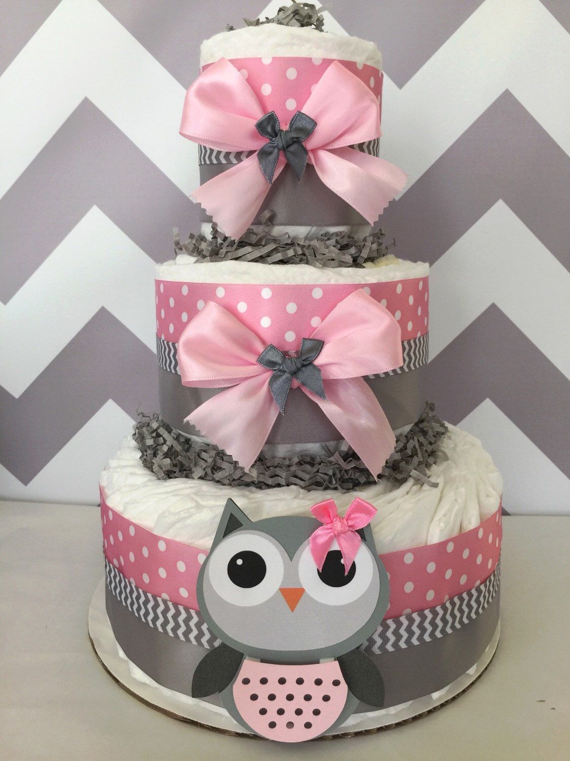 Owl Baby Shower Diaper Cake in Pink and Grey/Owl Baby Shower/Owl Centerpiece by AllDiaperCakes on Etsy www.etsy.com/…
