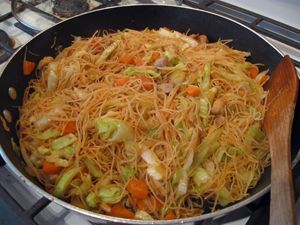Pancit w/ Chicken. This is delicious, inexpensive and easy to make! It can also be made with leftover pork or chicken. The only