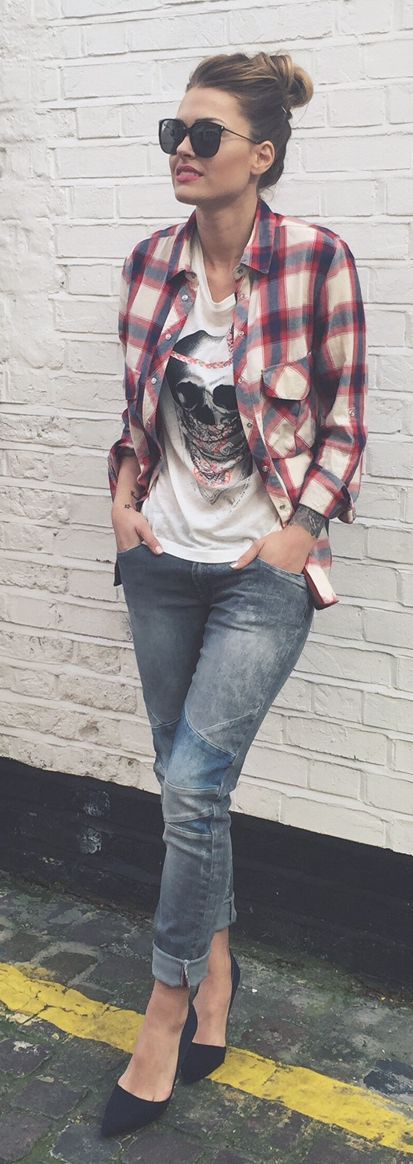 Plaid Shirt And Graphic Tee Outfit Idea by Caroline Receveur & Co