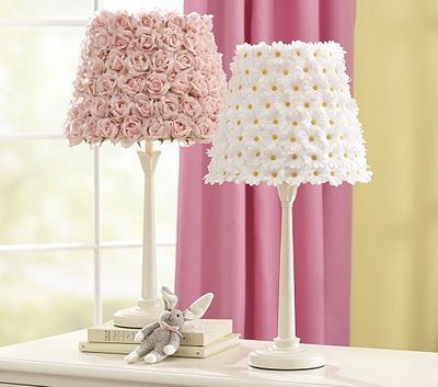 Plain white lampshades, buy flowers of any kind from a craft store and hot glue to the lamp shade