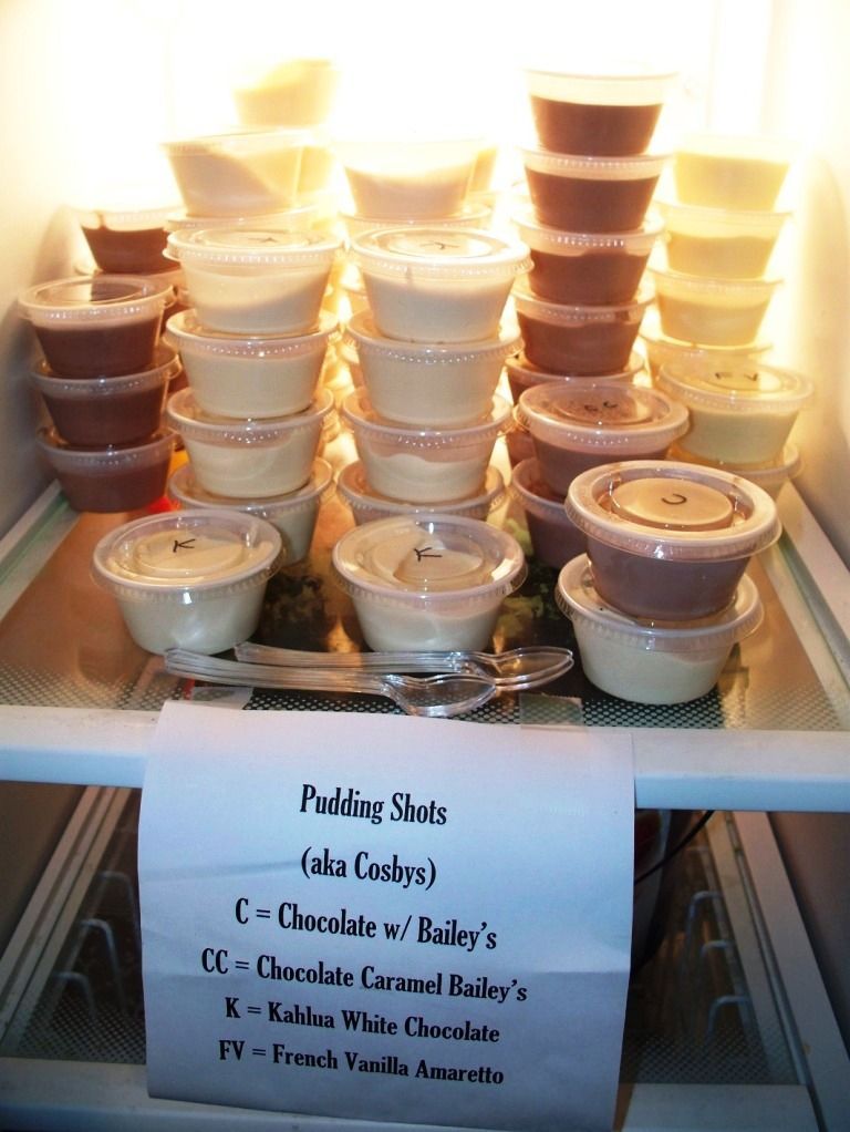 Pudding Shots…1 box instant pudding, 3/4 C milk, 1/4 C Vodka, 1/2 C Baileys or Kahlua, & 8 oz Cool Whip