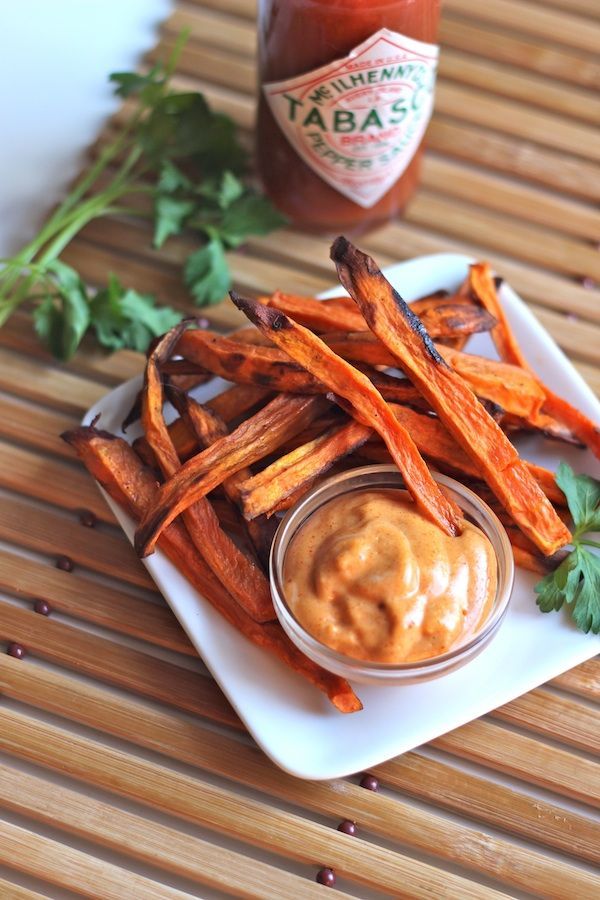 Roasted Sweet Potato Fries with Spicy Mayo- uses smoked paprika and a kick of hot sauce