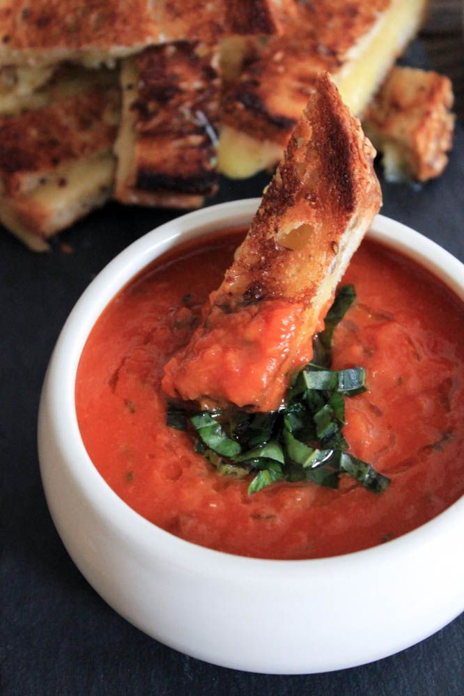 Roasted Tomato Basil Soup. This healthy and satisfying soup is like a Snuggie for your soul. Grilled cheese sticks optional but