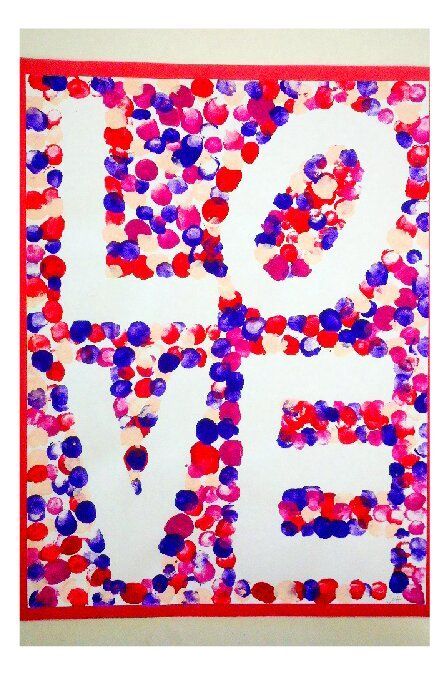 Robert Indiana inspired finger paint art I did with my Kindergarten class for Valentine’s Day