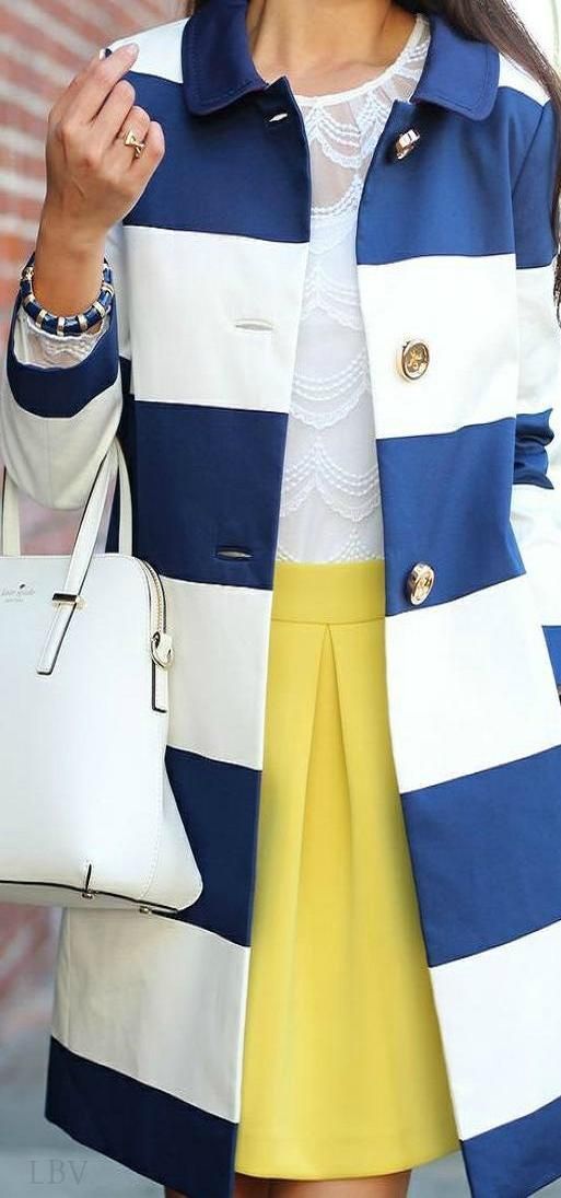 Sophisticated Stripes: blue and white striped coat against yellow