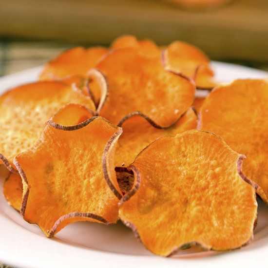 Sweet Potato Chips slice sweet potatoes thinly on a mandolin slicer, toss the slices in one teaspoon of olive oil, lay them out on