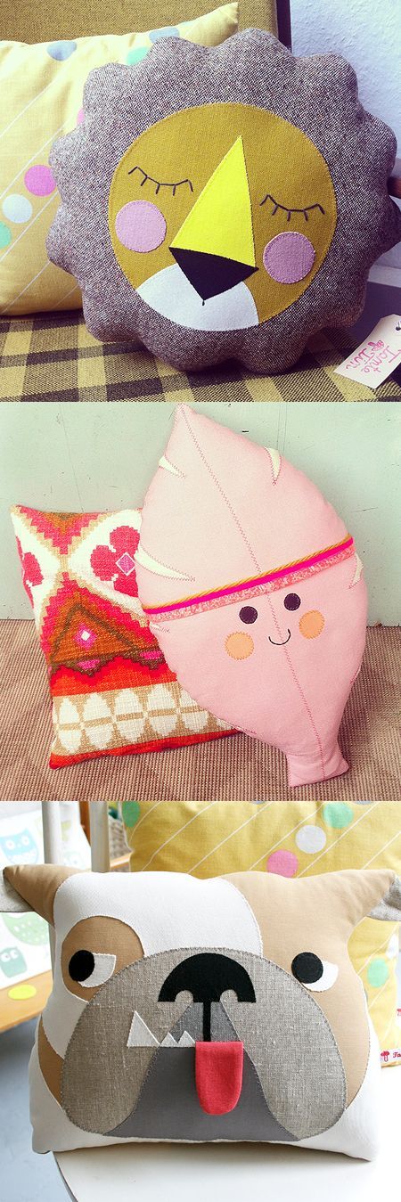 Tante Tin funky cute vintage kitsch retro plushie pillow and cushion designs , lion, leaf and dog