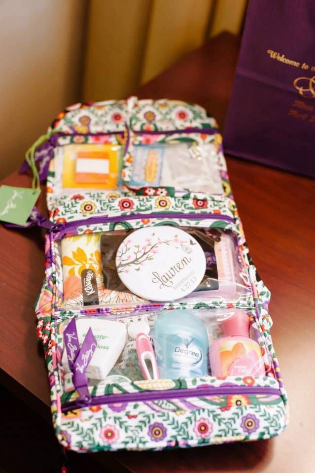 “The bride chose the best and most useful bridesmaids’ gifts (Vera Bradley bags filled with things we may need on the big day,