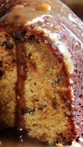 TOFFEE PECAN CARAMEL POUND CAKE – 1-1/2 C butter, 2 C brown sugar, 1 C granulated sugar, 5 large eggs, 3 C all-purpose flour, 1