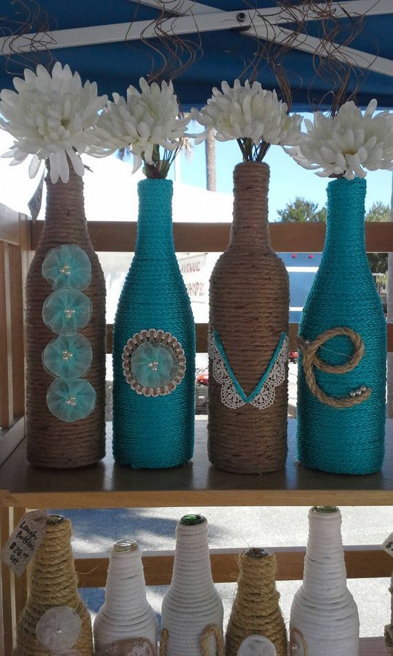 Upcycled Wine Bottles wrapped in twine and rope LOVE design. Wedding decor, home decor, bottle decor, recycled bottles.