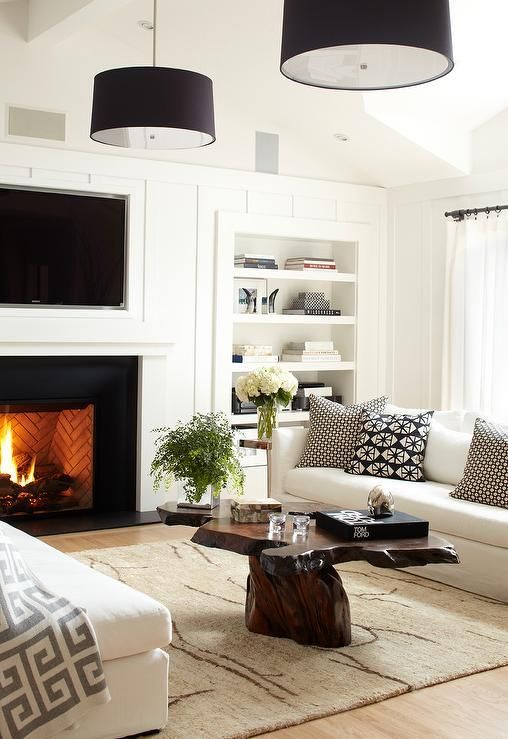 Urrutia Design – living rooms – Benjamin Moore – Super White – Tom Ford, Linen Sofa, Burl Table, Paneling, Craftsman Paneling,