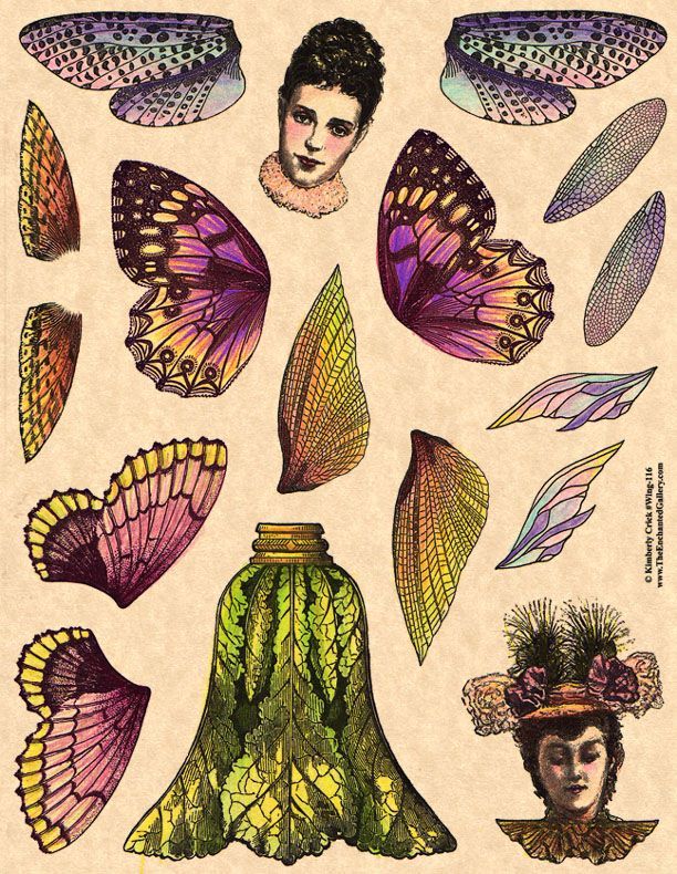 Vintage Victorian classy women faces for paper dolls, fairy wings, skirt, clothes rubber stamp set by The Enchanted Gallery