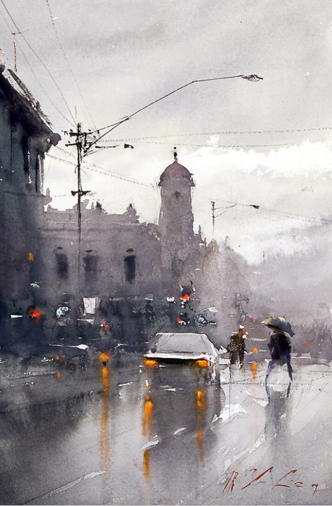 Watercolor painting by Joseph Zbukvic. Watercolor art inspiration. I love the pop of yellow orange in the lights, it really stands