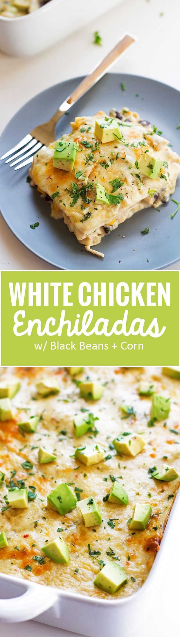 White Chicken Enchilada Casserole – Stacked white chicken enchilada casserole where the tortillas act like lasagna noodles!