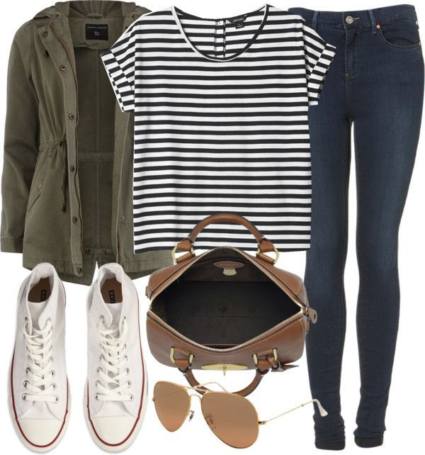 white high-top converse, aviator sunglasses, tan bag, medium washed jeggings, black and white stripped tee, hunter green jacket