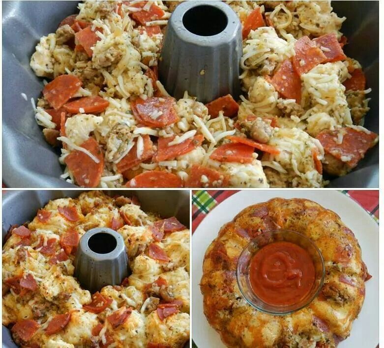 2 cans of pilsbury pizza dough and whatever else you like to taste in a pizza. Put it in a bundt pan! Pull apart bread for