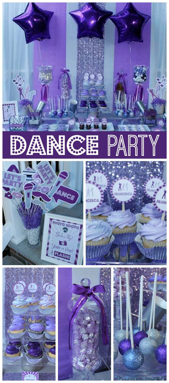 A purple dance party for a twelve year old girl with disco balls, sparkly cake pops and a dessert table!