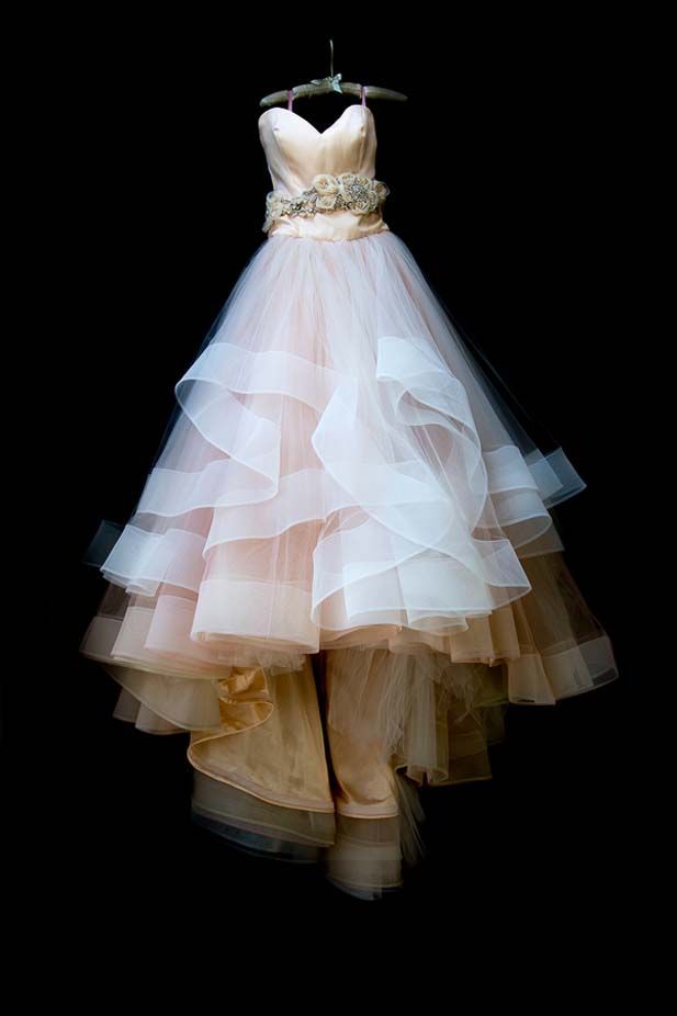 A wedding dress to make you go gaga. This gorgeous dress is full of gorgeous layering and subtle colors.