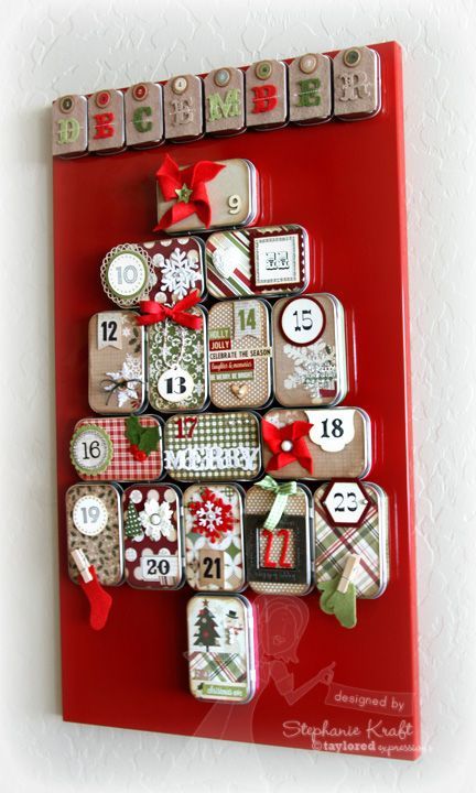 advent calendar using mini altoid tins plus supplies from Taylored Expressions–to keep in mind for next season! I love advent