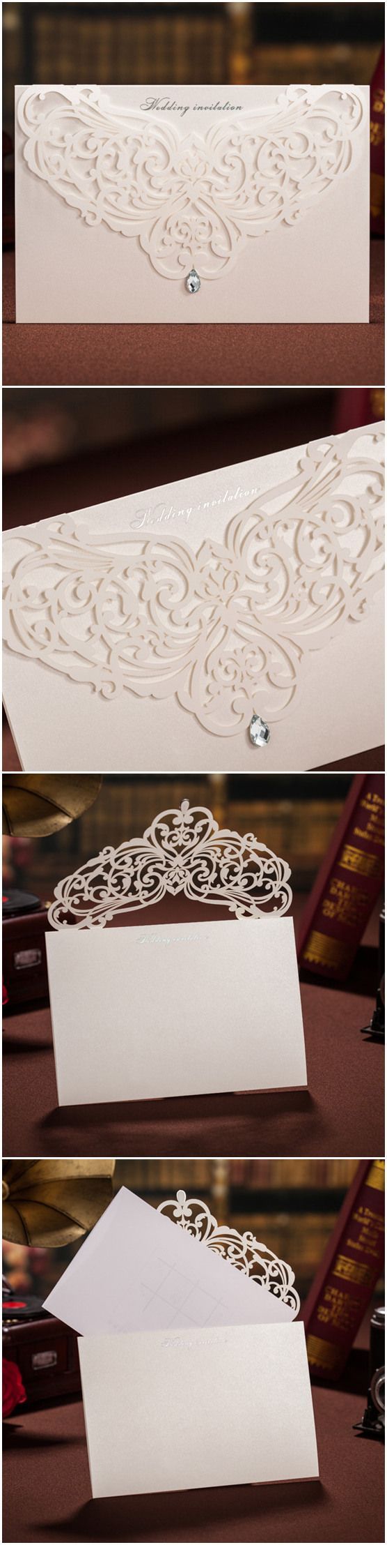 all white elegant laser cut wedding invitations with rhinestone